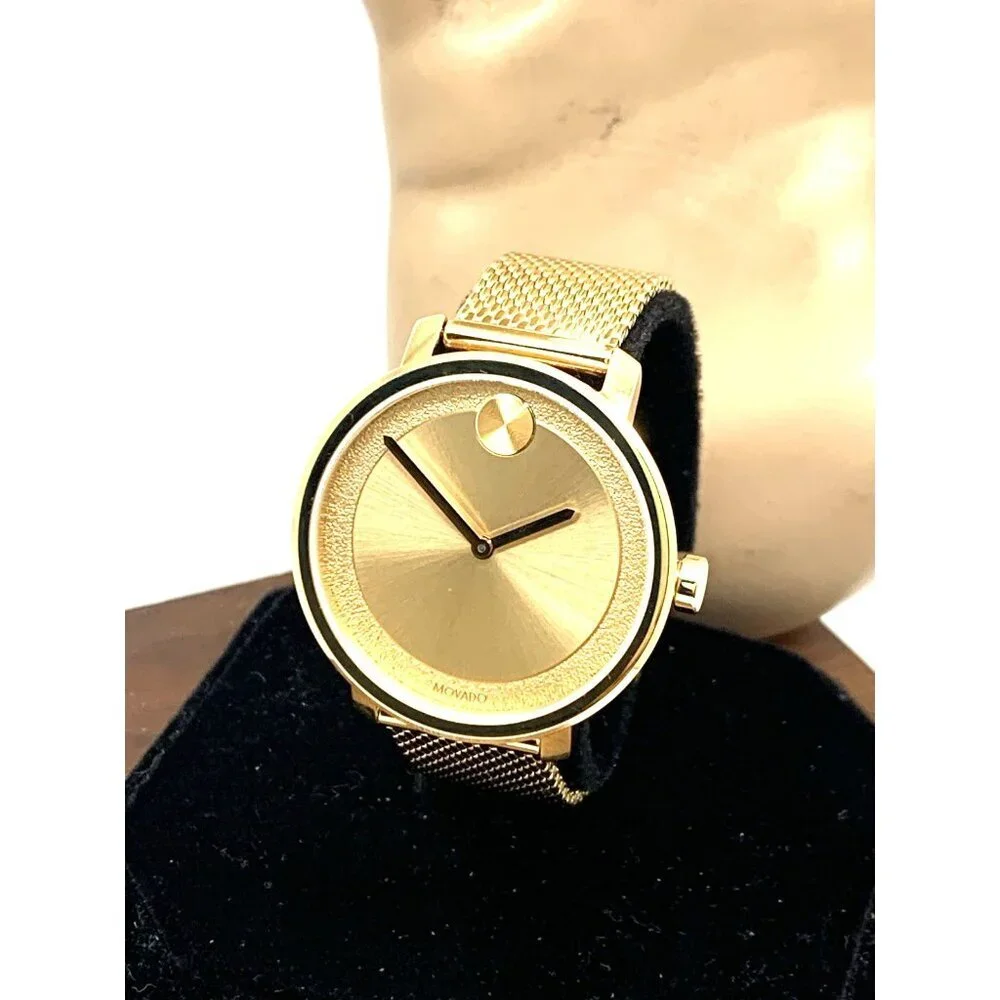 Movado Women's Watch 3600580 Bold Gold Dial Swiss Quartz Steel Mesh Band 34mm